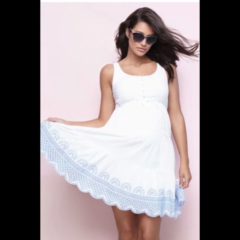 Seraphine White Cotton Embroidered Maternity Sundress